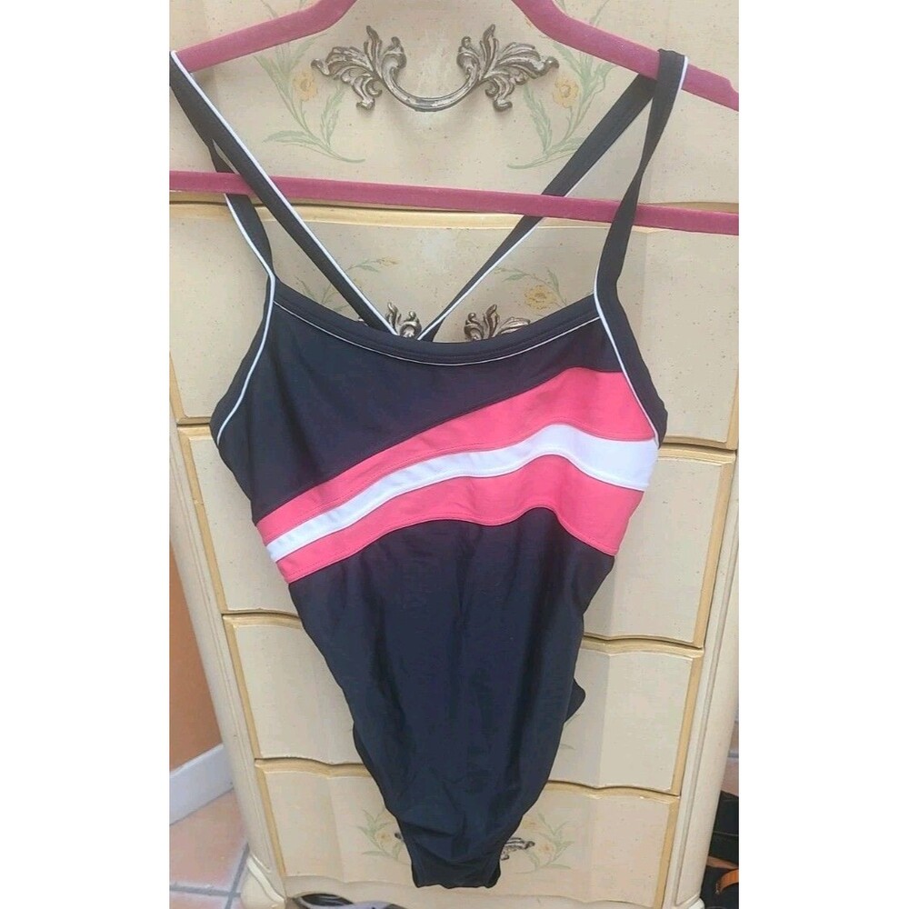 Champion Swimsuit Women's XL 16-18 One Piece Black Neon Red Straps Athletic